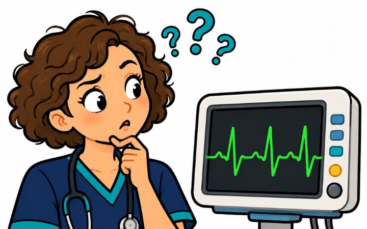 Cartoon nurse looking at a heart monitor